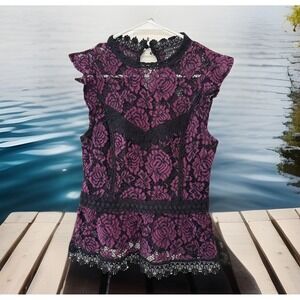 Sweet  Haute Monde  black and purple Whimsigoth Lace blouse tank Chic - size S‎